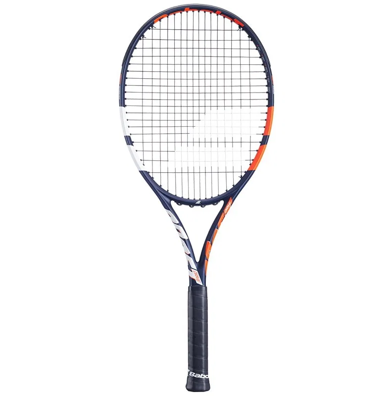Raqueta de tenis Babolat Boost Drive encordada, color azul, naranja y detalles en blanco