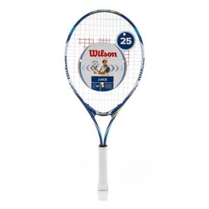 Raqueta de tenis para nińos Wilson Juice Junior 25, color azul marino y blanco con detalles en amarillo, para edades de 9 a 10 años, vista frontal
